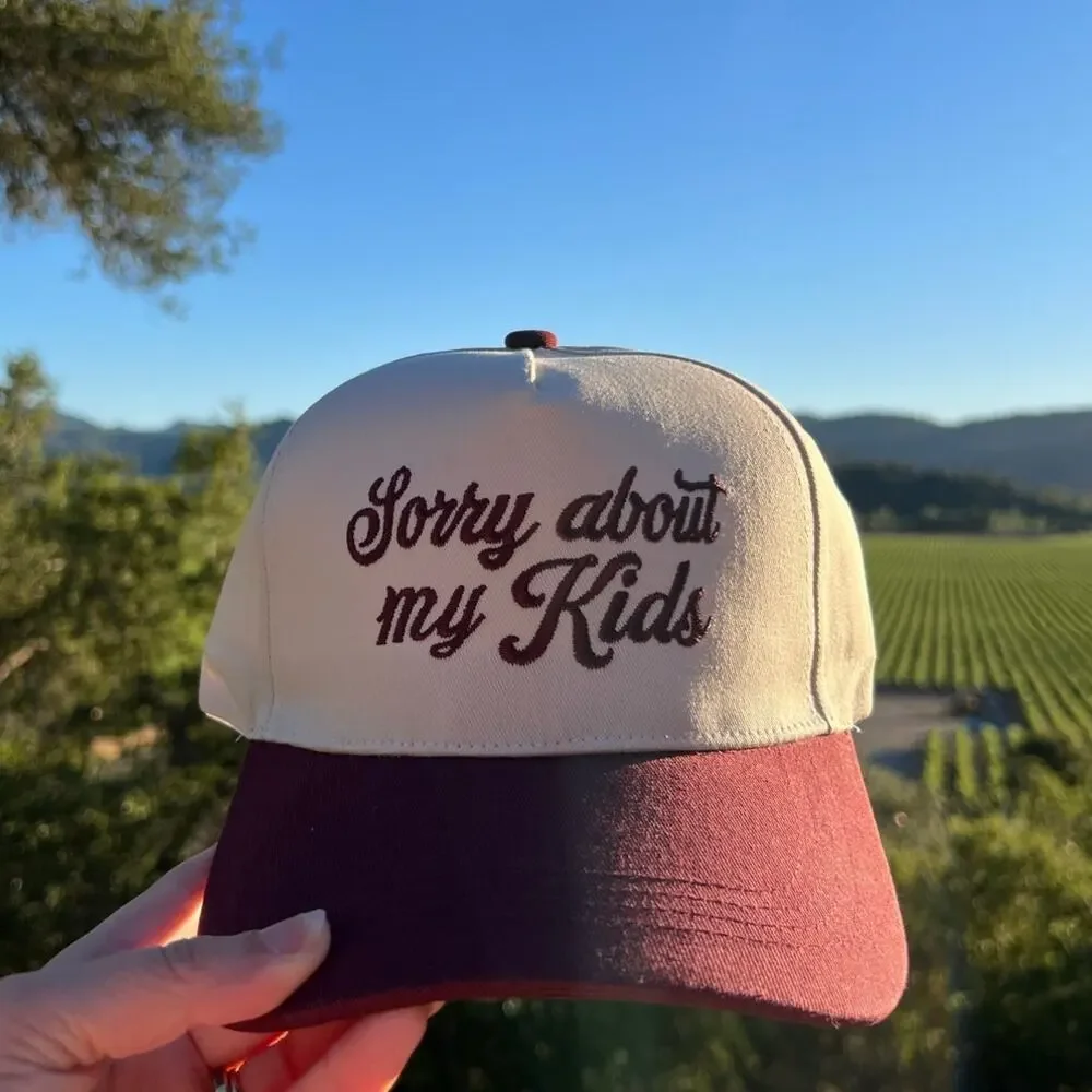 Sorry About My Kids Embroidered Trucker Hat Burgundy Cream Mesh Snapback Cap